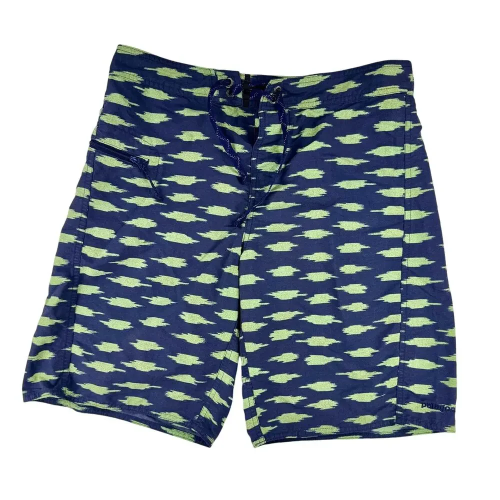 Patagonia Wavefarer Swim Trunk Board Short 31 Blue Green Button Tie Waist Pocket